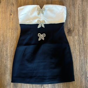 Self Portrait Crystal-bow strapless crepe mini dress size US4